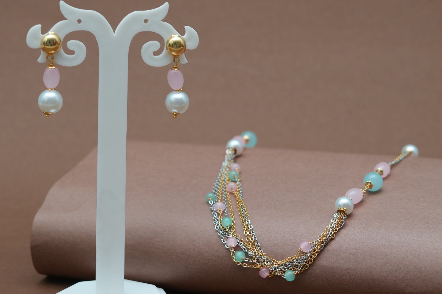 Multi Color Jewellery Set With Earrings (pink, blue, white, golden)