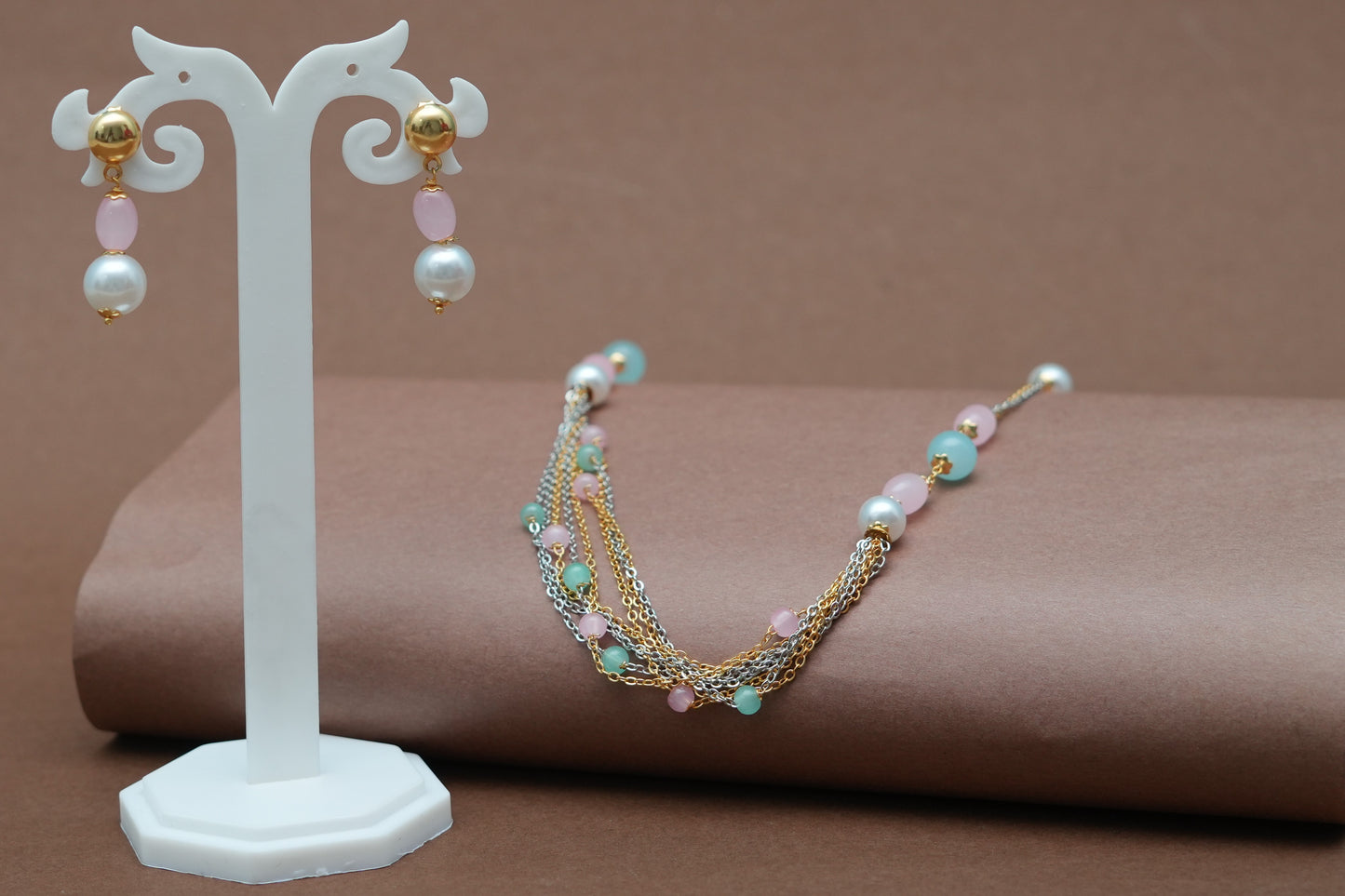 Multi Color Jewellery Set With Earrings (pink, blue, white, golden)
