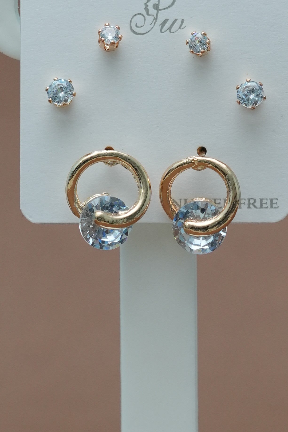 Golden & Single Diamond Earrings Set ( pack of 3)