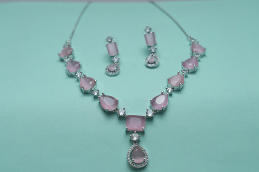 Pink & Silver Diamond Necklace With Elegant Earings